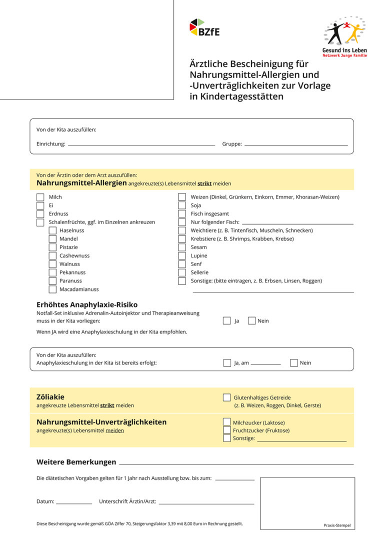 Ärztliche Bescheinigung für Nahrungsmittel-Allergien und -Unverträglichkeiten zur Vorlage in der Kindertagesstätte oder Schule